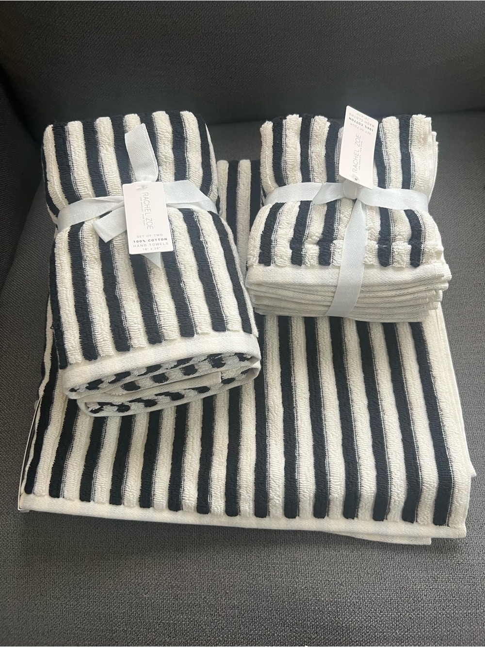 8 pc Rachel Zoe Rainbow Bath towel Set Stripe Cotton Hand Towels black